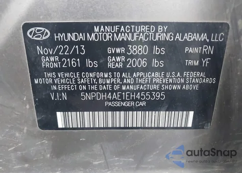 2014 Hyundai Elantra Se z USA, uszkodzony, nr VIN 5NPDH4AE1EH455395